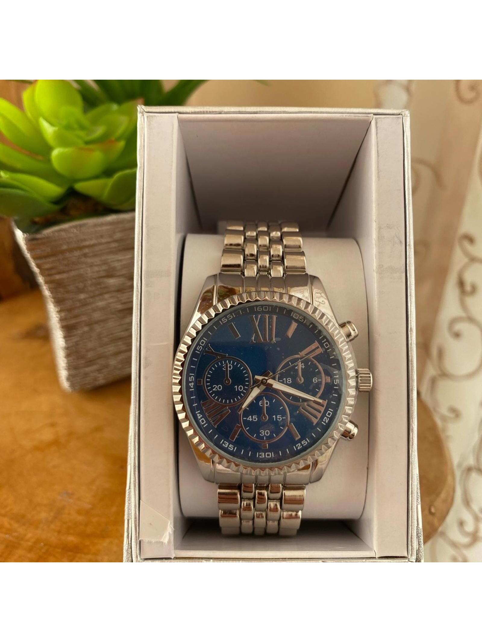 Womans Silver Stainless Steel Chronograph Watch With Blue Dial